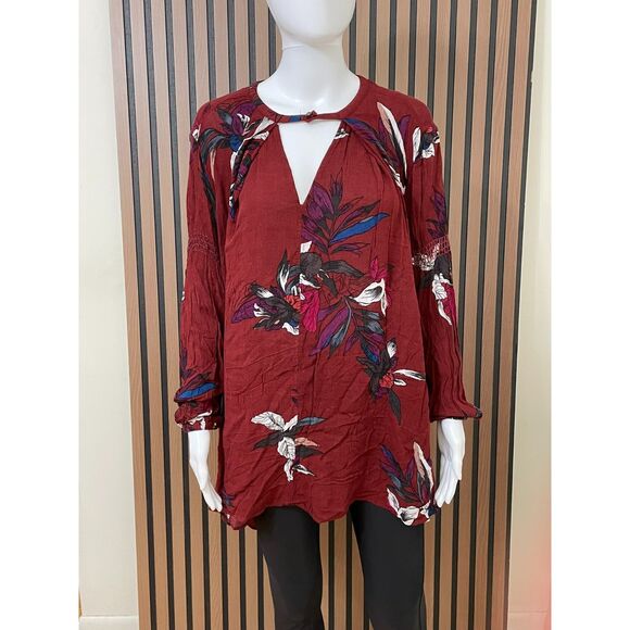 Free People Tree Swing Women's S Red Blouse Rayon Tunic Floral Beach Bohemian - Picture 1 of 10